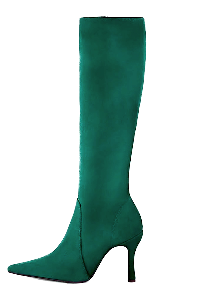 Women's emerald green custom-made classic knee-high boots with pointed toe and high spool heel - Rear view
